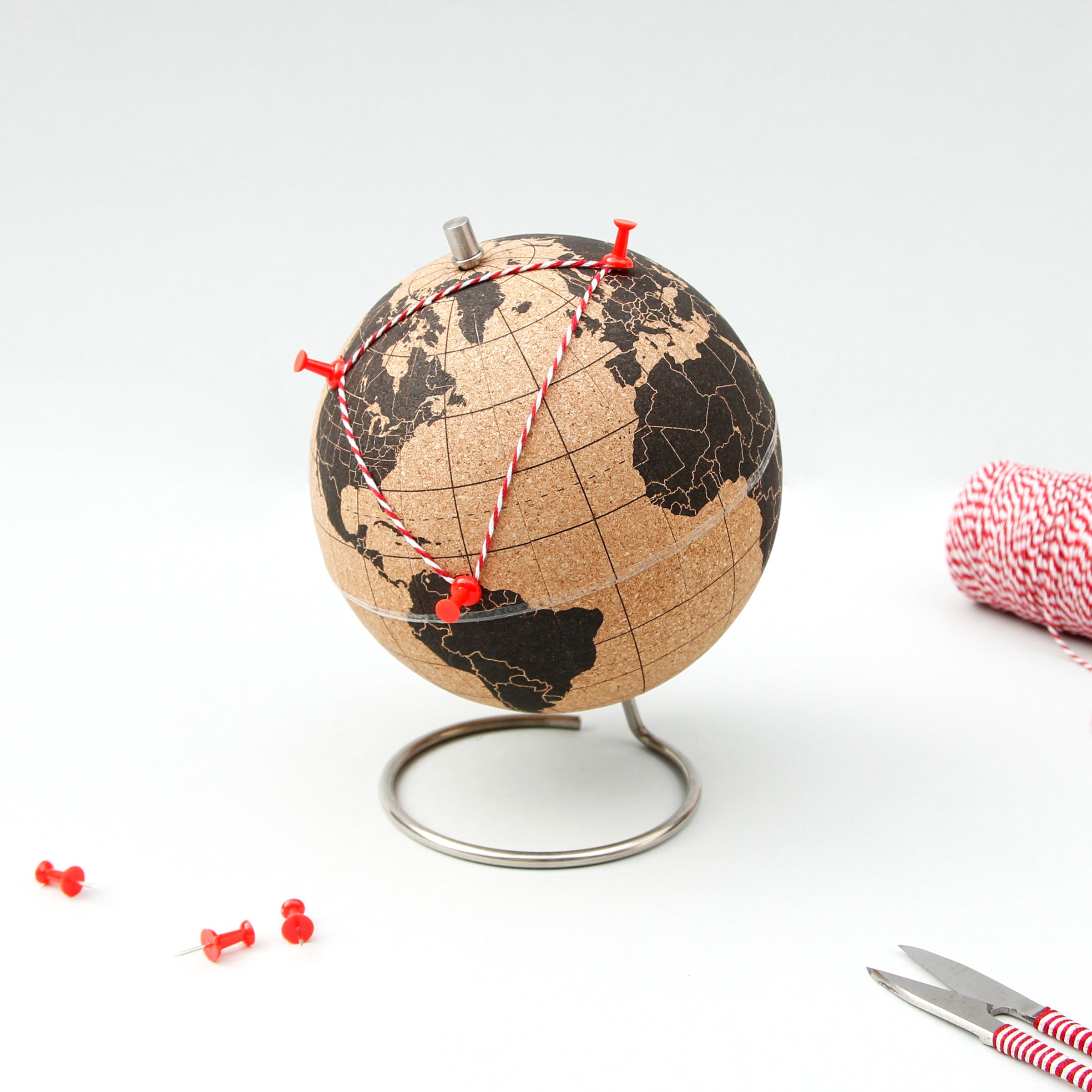 Mini cork globe with pins and string