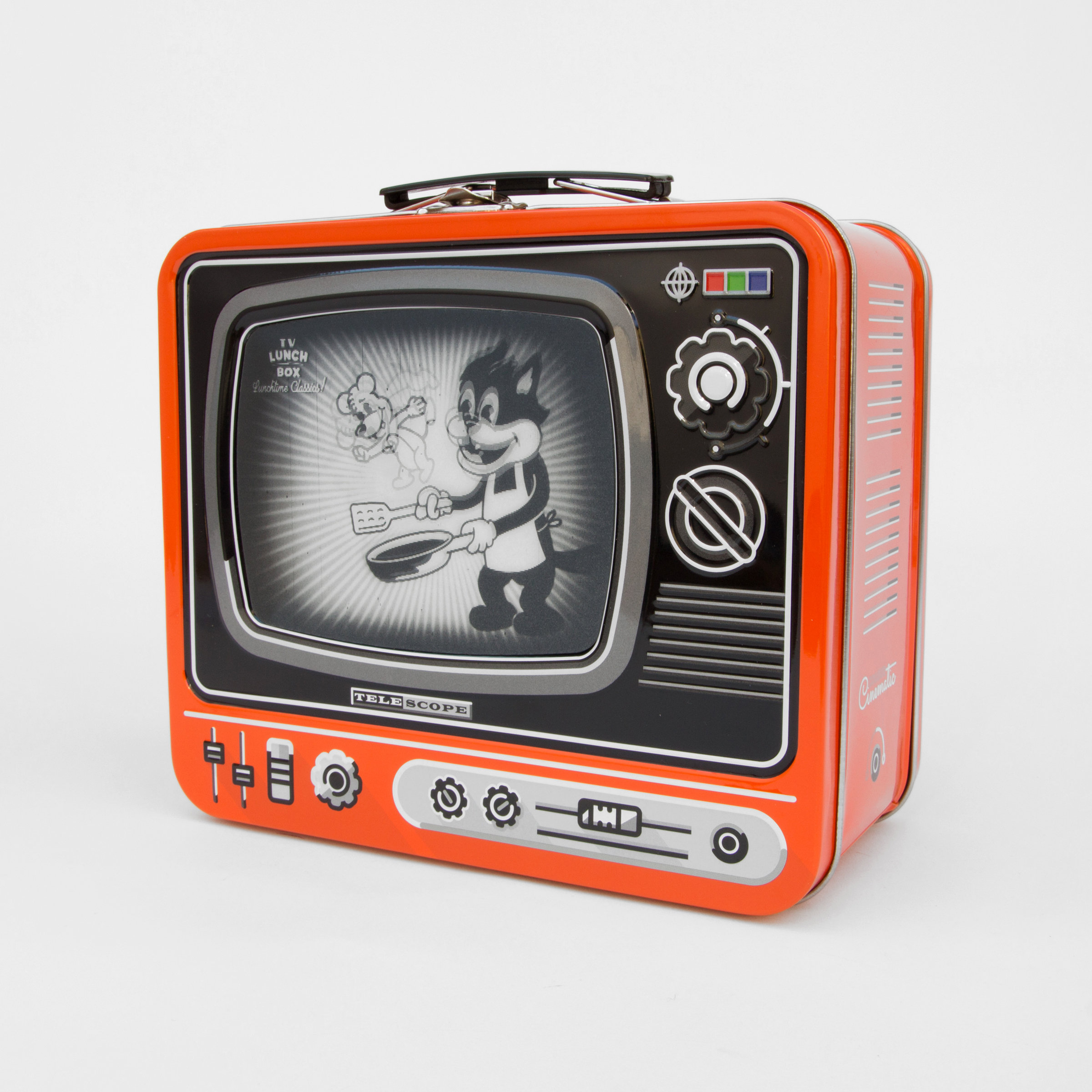 Tin TV lunchbox in orange with magic screen
