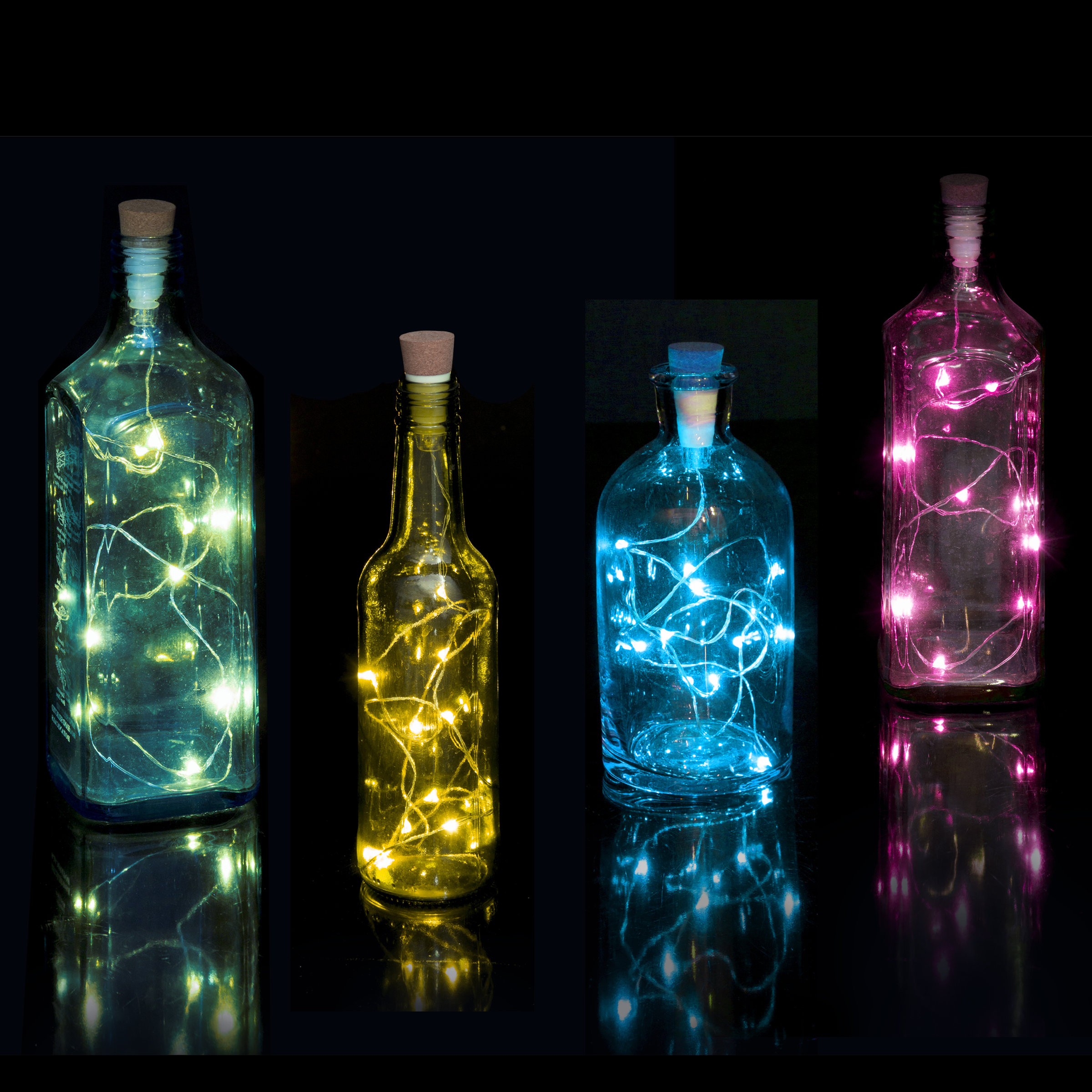Muticoloured fairy lights in bottles