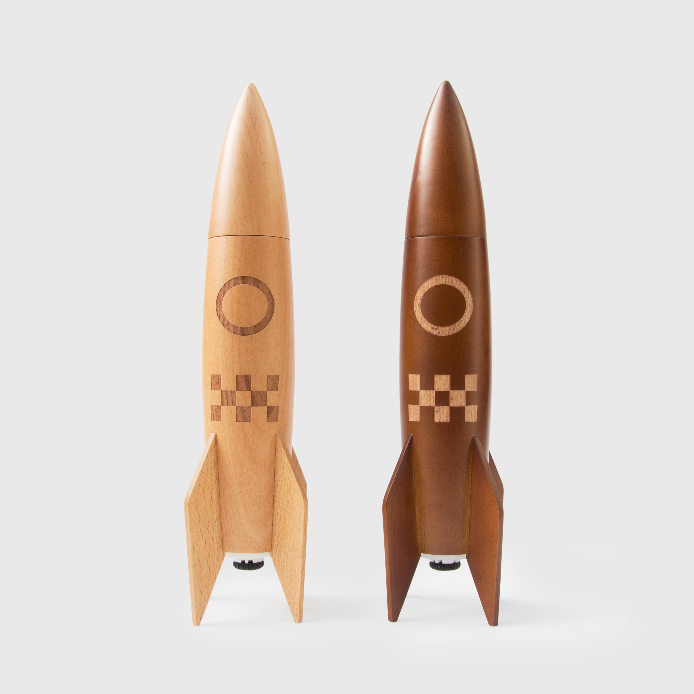 Wooden rocket salt and pepper grinders
