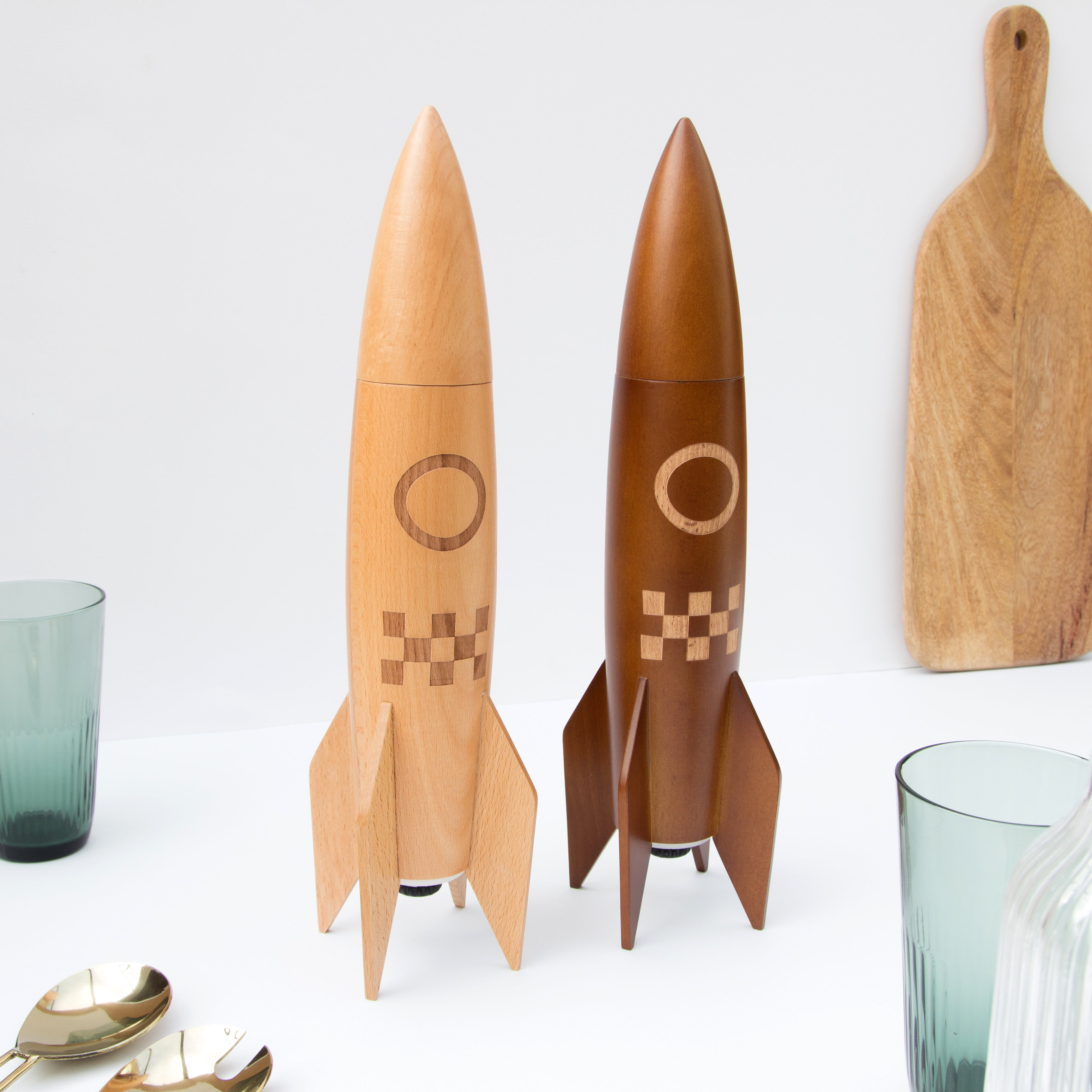 Light and dark wood rocket salt and pepper mills