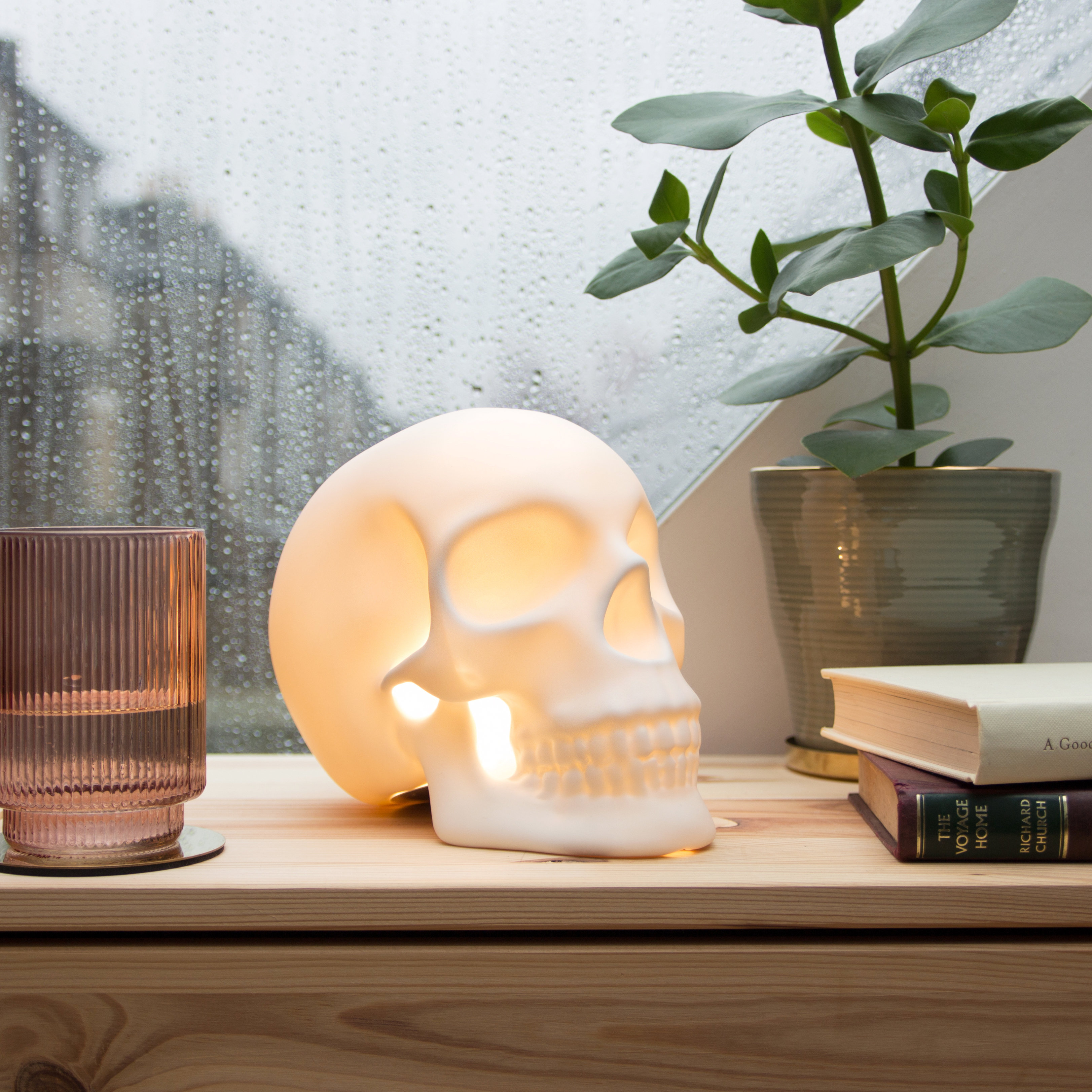 Skull table lamp on bedside table with rain on the window