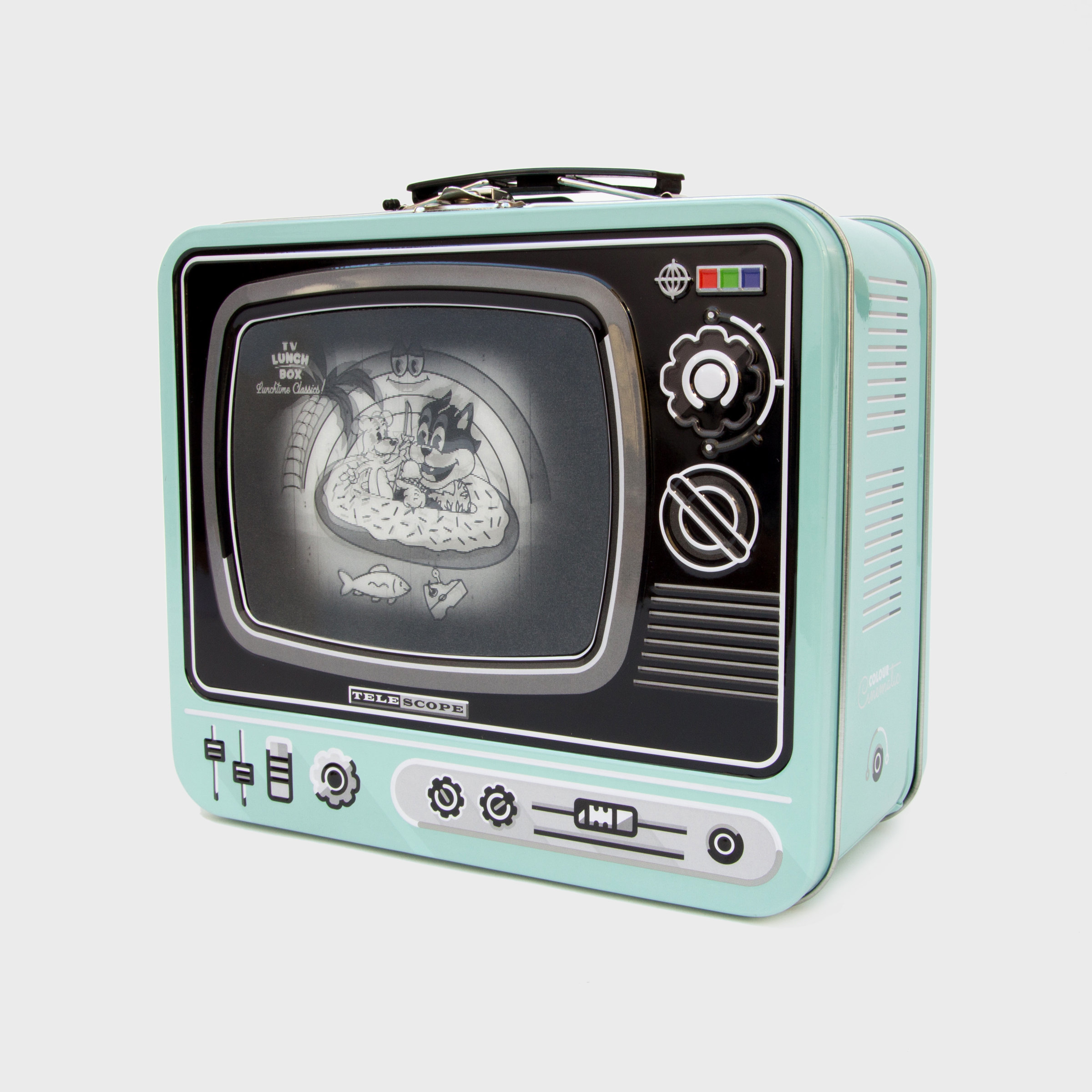 Tin TV lunchbox in blue with magic screen Tin TV lunchbox in blue with magic screen