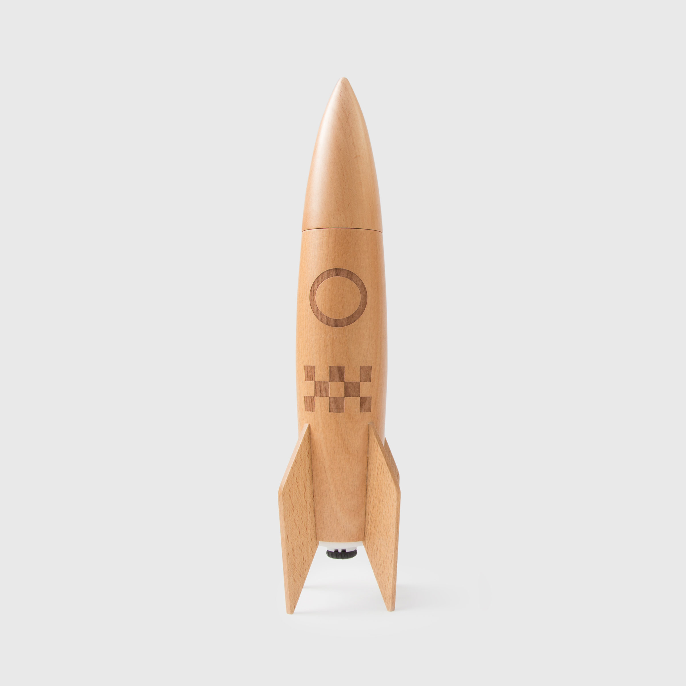 Wooden rocket salt and pepper grinder in light wood