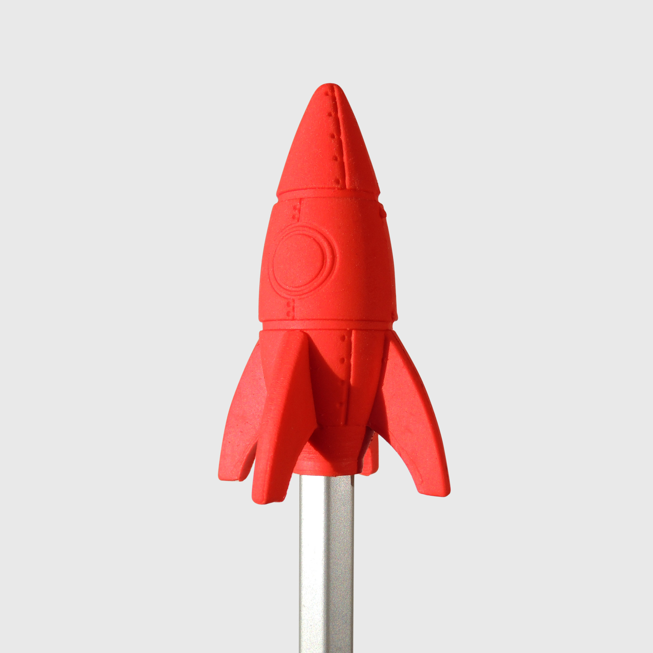 Rocket eraser on silver pencil