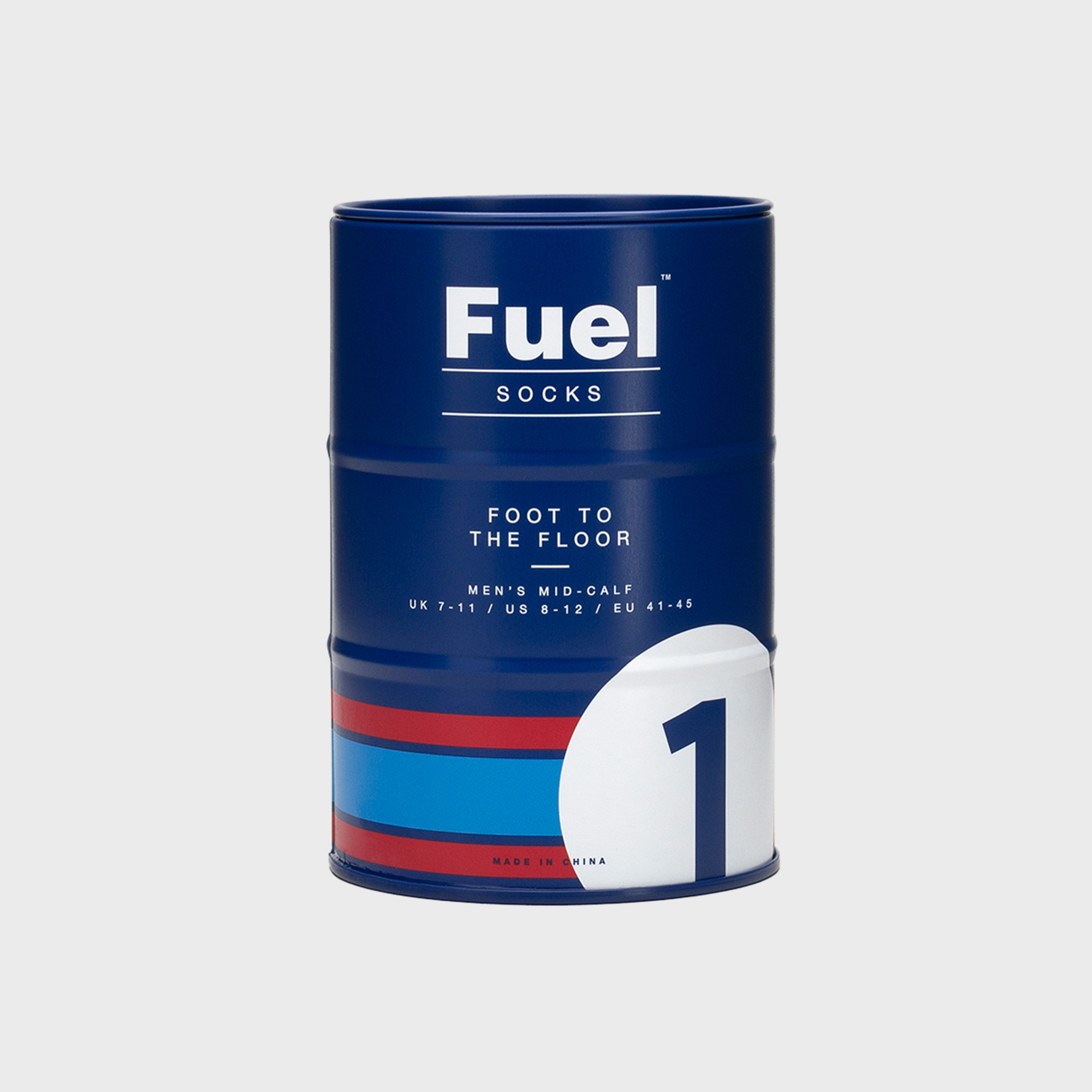 Fuel Motor racing socks in an oil can