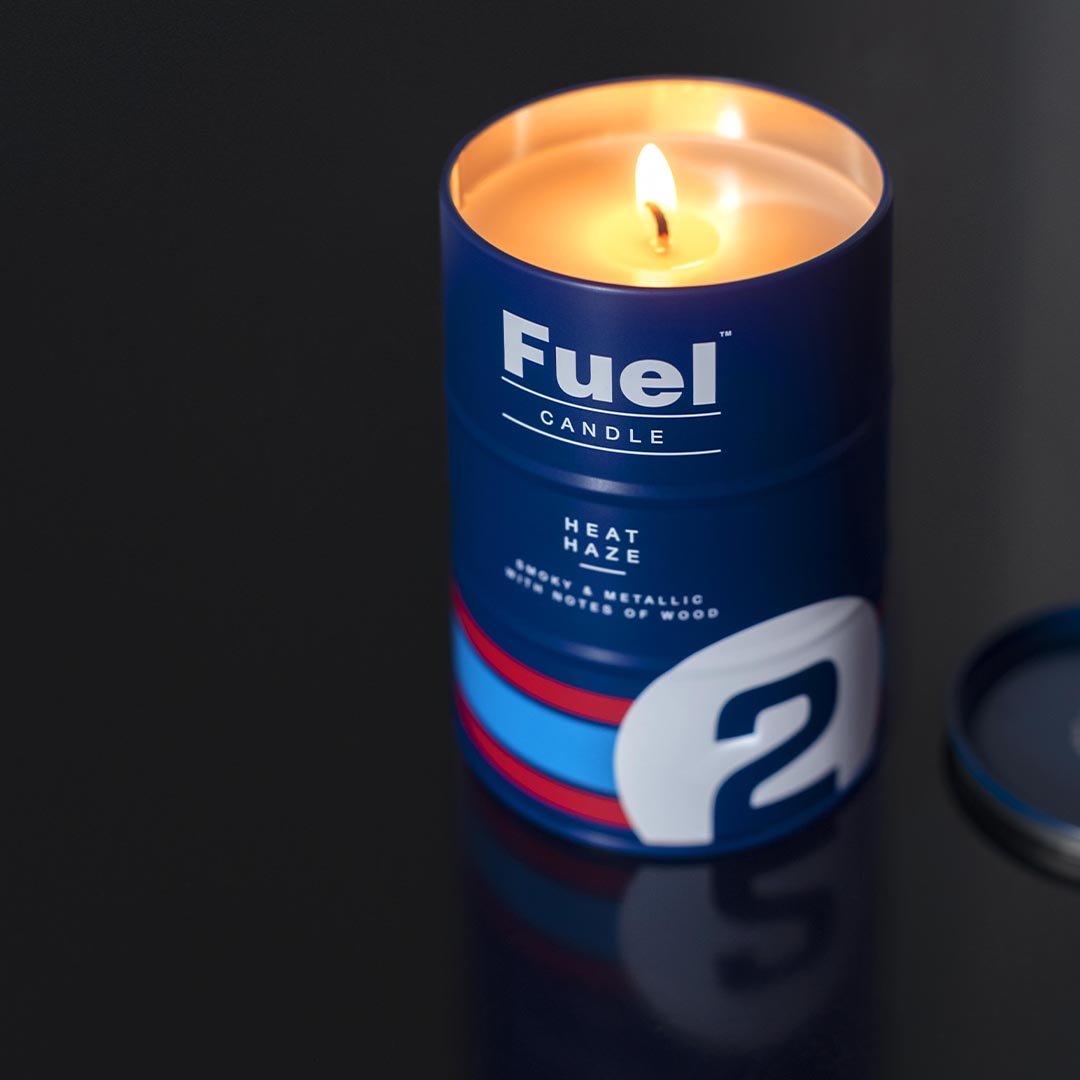 Motor racing oil can scented candle