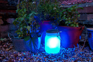 blue garden lights at night in UK
