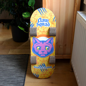 Cardboard cat skateboard toy in living room