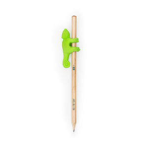 Green chameleon eraser on a wooden pencil