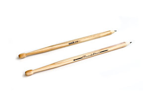 pair of wooden drumstick pencils shown on white table. great gift for drummers.