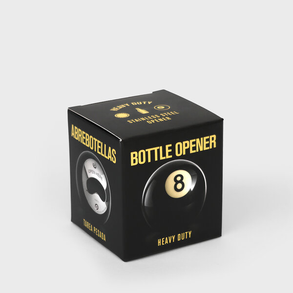 Suck UK eight ball bottle opener in black gift packaging with heavy duty stainless steel opener design