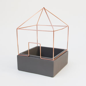 Decorative plant pot with copper house shaped cage