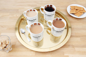 a round of tea on gold tray with my cuppa tea mugs