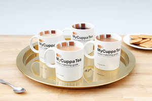 every shade of tea in my cuppa tea mugs on gold tray