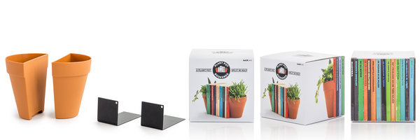 Waterproof plastic plant pot bookends that appear like one classic terracotta pot split in two