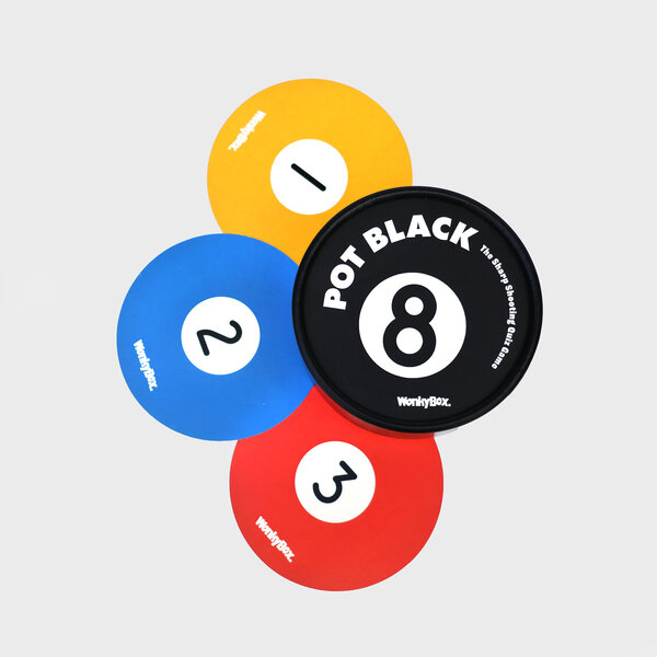 Pot Black, pool trivia game, coloured pool balls, 8 ball, quiz card game