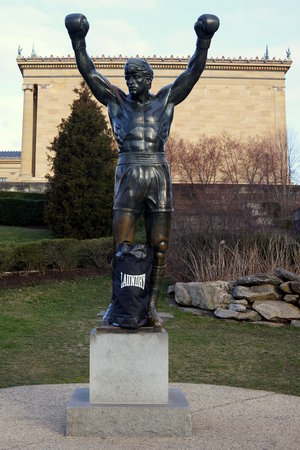 rocky statue laundry punch bag in the morning