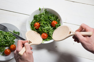 Pair of solid beech wood serving spoons in the design of tennis rackets