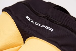 Scuba backpack, close up of zip and print