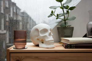 Skull light on and off on bedside table