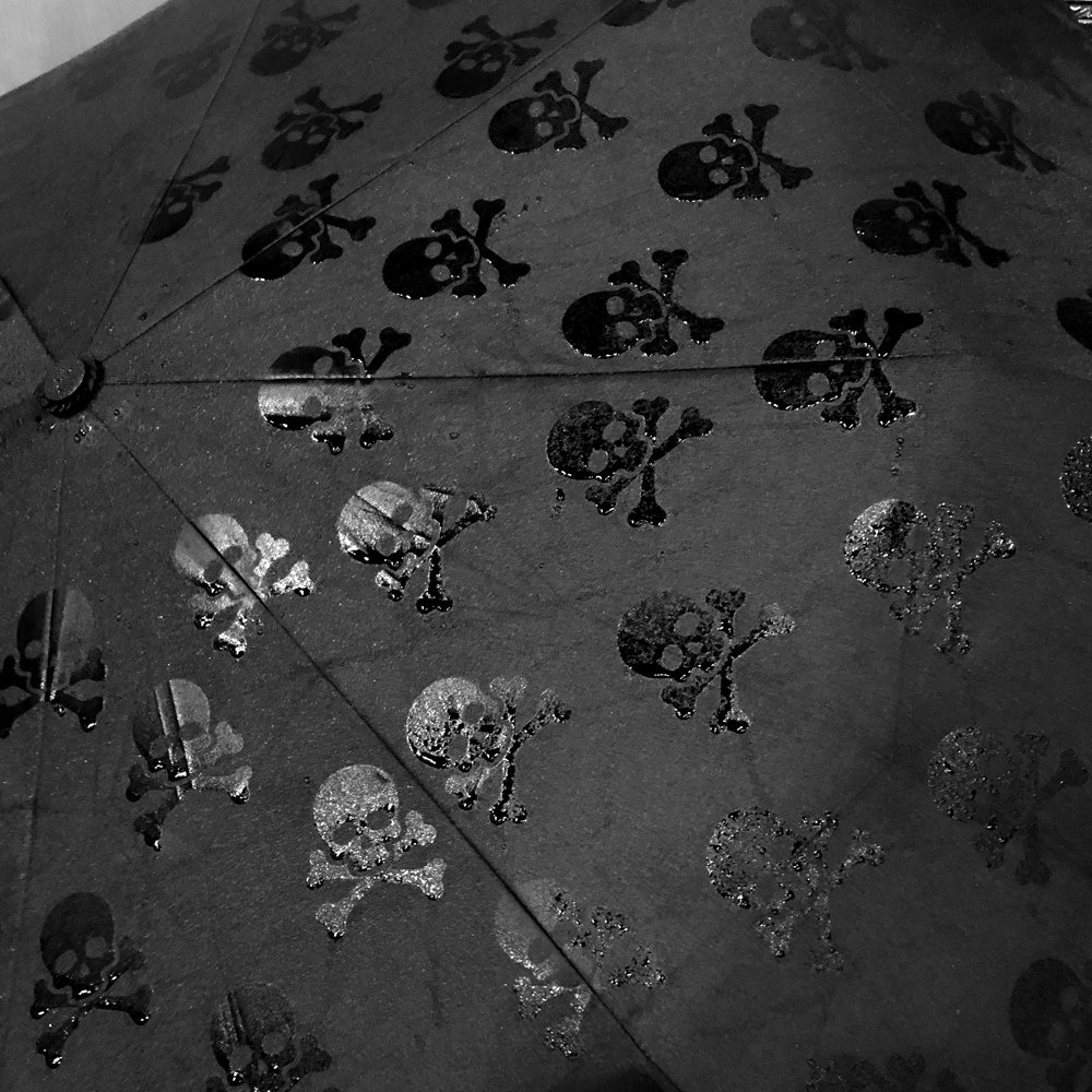 Hidden Skulls Umbrella : Raindrops expose a pattern of skulls.