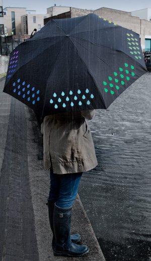 Clever umbrella changes colour when in rains. Showing wet.